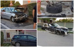 GALERIE FOTO- Accident spectaculos în Bujac! În urma impactului, un BMW a rămas fără trei roţi