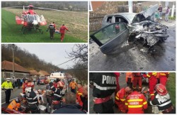Mașină făcută praf, în urma unui groaznic accident rutier, produs pe valea Mureşului! Patru adulţi şi patru minori, au fost răniţi!