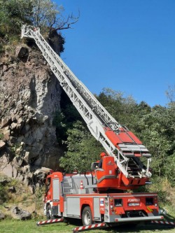 Cățel aventurier salvat de pe stânci de pompierii din Sebiș
