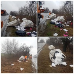 Un șofer nesimțit a aruncat mai mulți saci cu deșeuri pe DN 69 în zona Șagu

