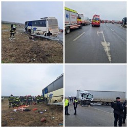 Accident cumplit între Timișoara și Arad. 11 victime, după ce un autobuz s-a ciocnit cu un TIR. Plan roșu de intervenție 
