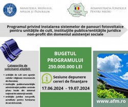250 milioane de lei pentru Programul privind instalarea sistemelor de panouri fotovoltaice pentru unitățile de cult și instituțiile publice non-profit din domeniul asistenței sociale. Perioada de înscriere

