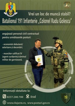 Batalionul 191 Infanterie ,,Colonel Radu Golescu" angajează economist și agent de curățenie